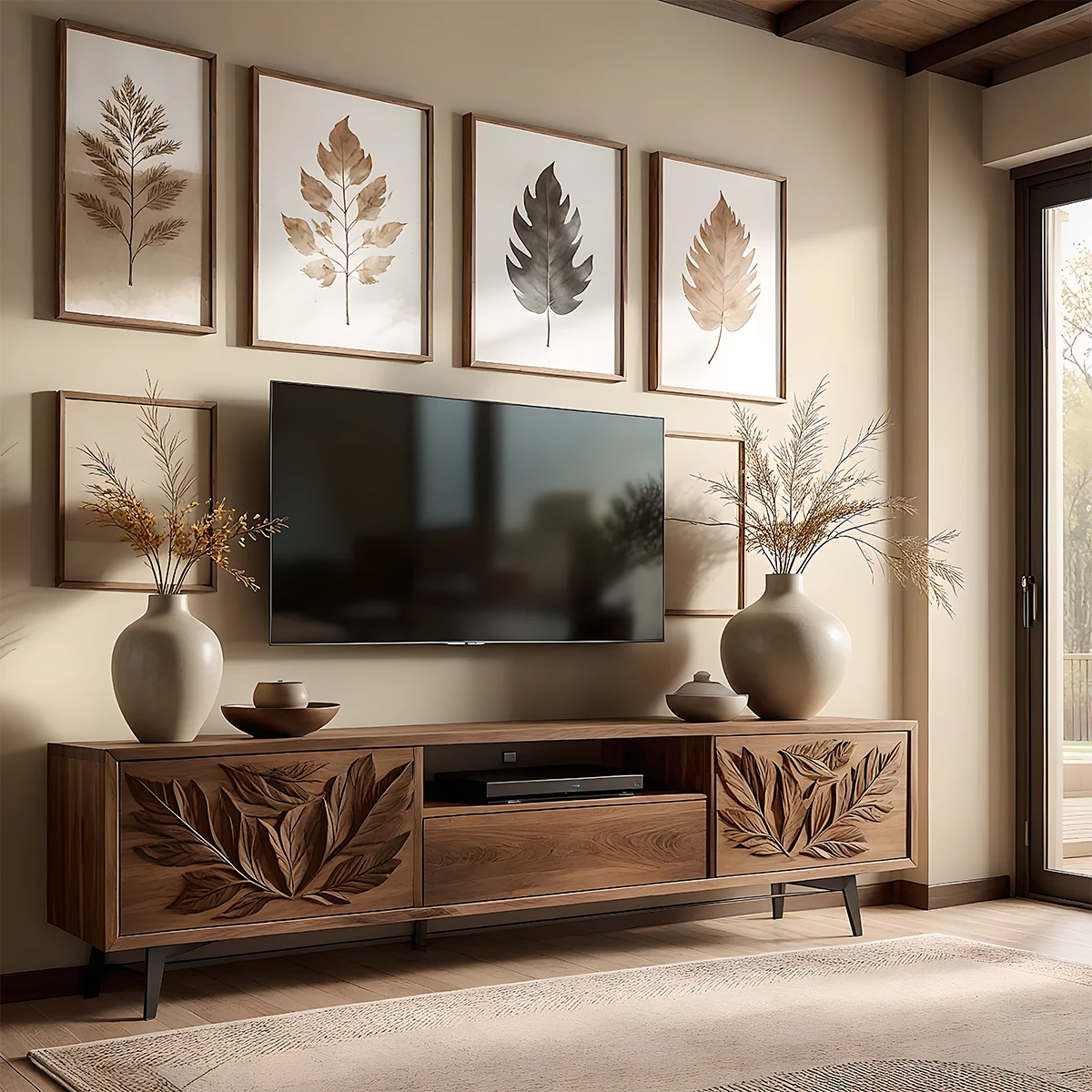 Hand-Carved Leaf Solid Wood TV Stand – Botanical Media Console - Rustira