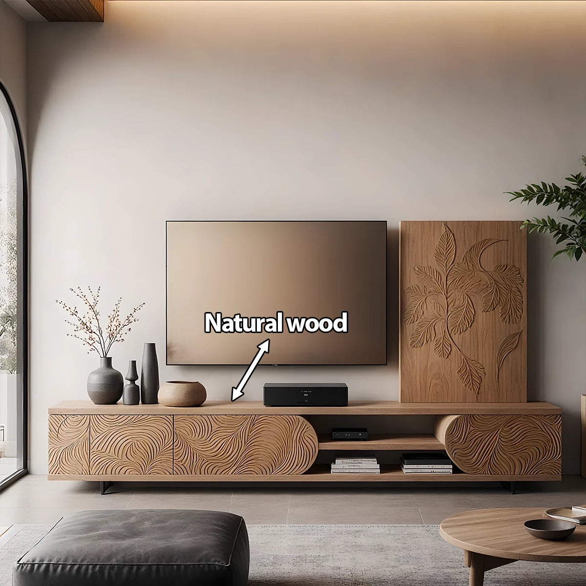 Hand-Carved Solid Wood TV Console with Organic Floral Pattern - Rustira