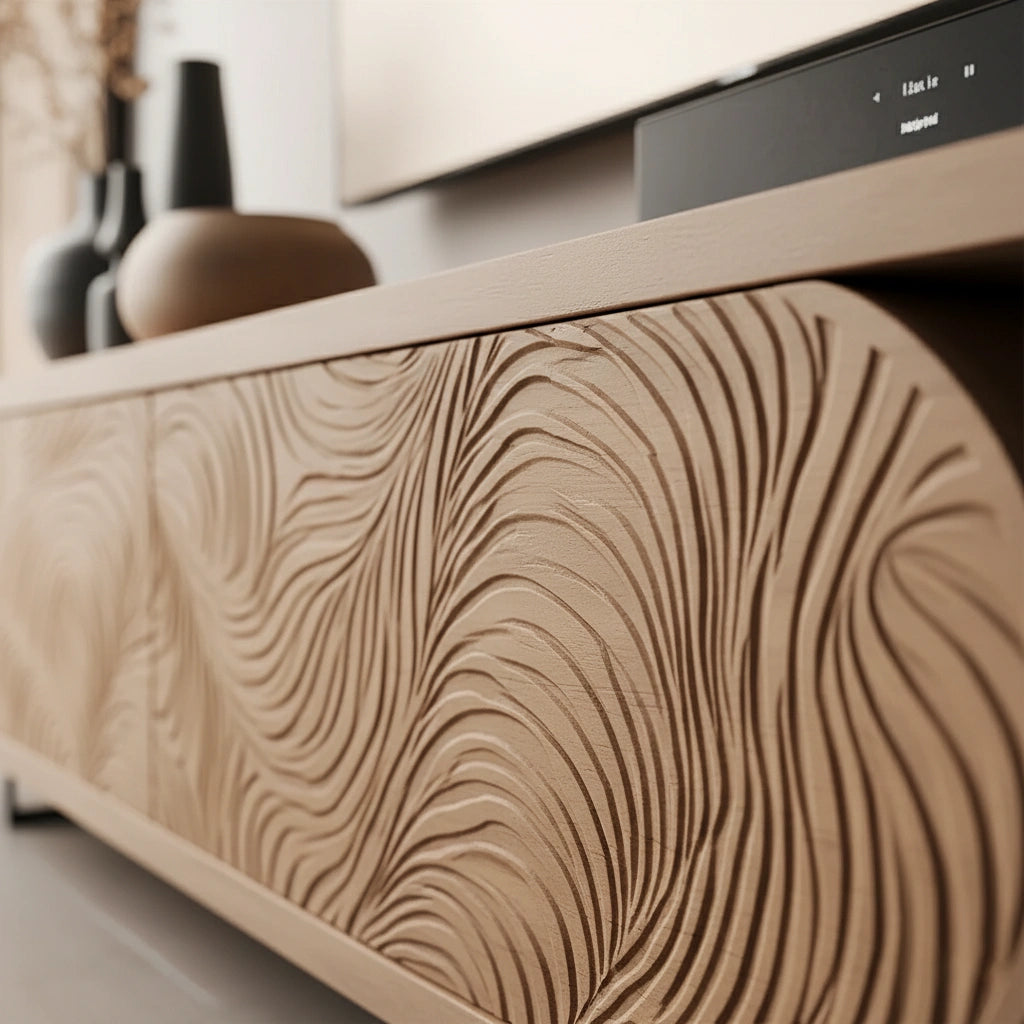 Hand-Carved Solid Wood TV Console with Organic Floral Pattern - Rustira