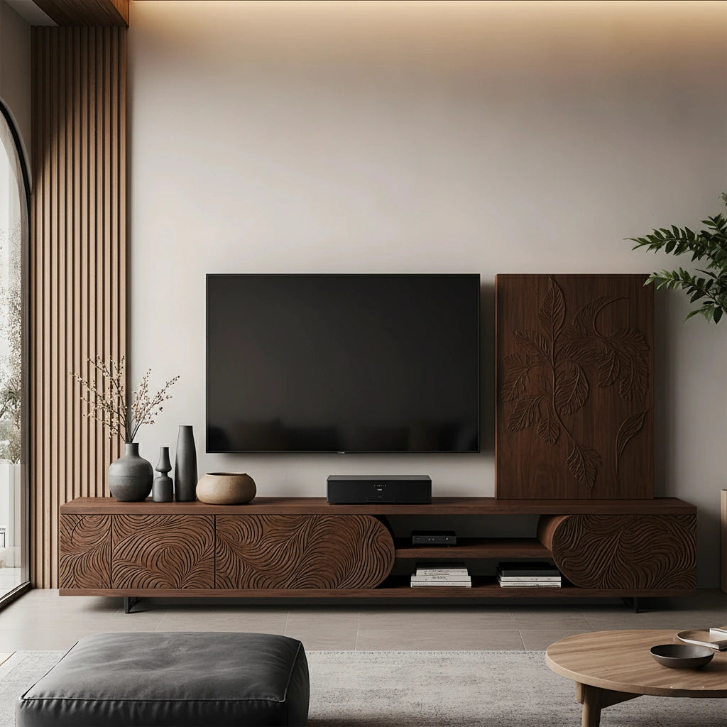 Hand-Carved Solid Wood TV Console with Organic Floral Pattern - Rustira