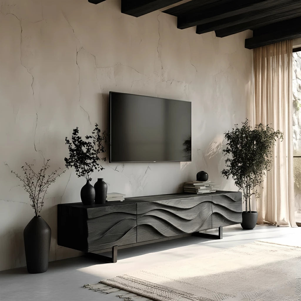 Hand-Carved Wave Wood TV Stand — Golden Drift Edition - Rustira