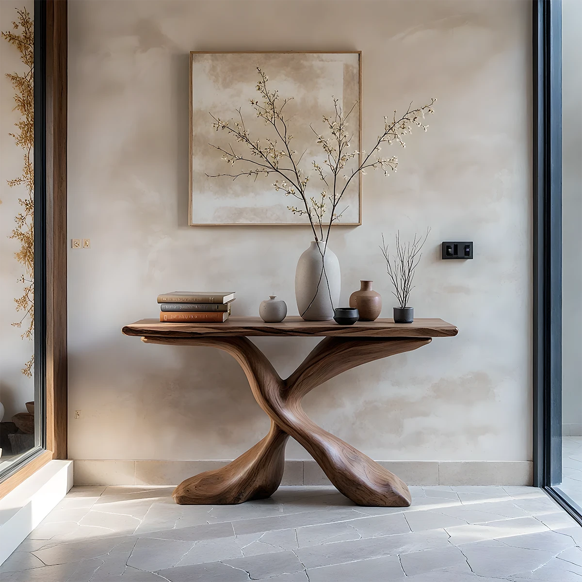 Hand-Carved X-Base Solid Wood Console Table — Organic Modern Art Furniture - Rustira