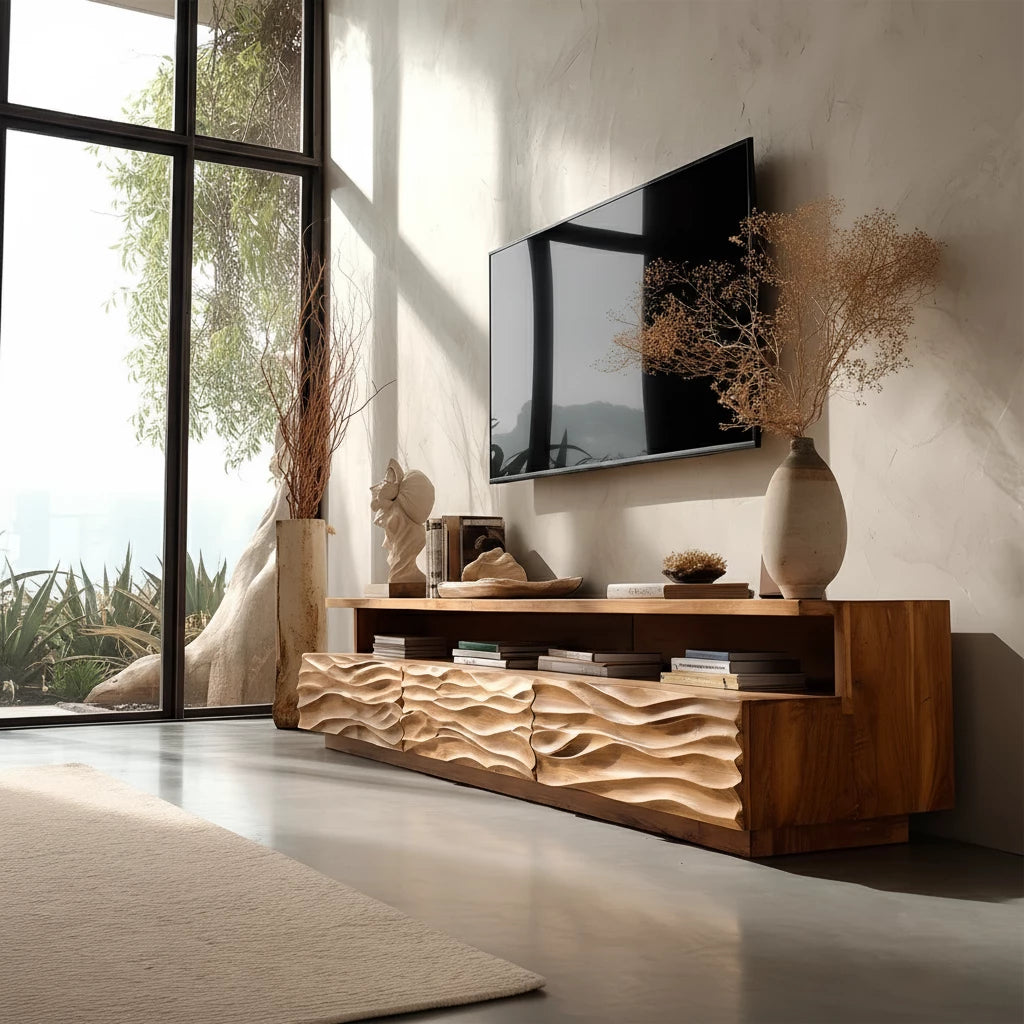 Hand-Sculpted Organic Wave Wood TV Stand — Natural Sunrise Finish - Rustira