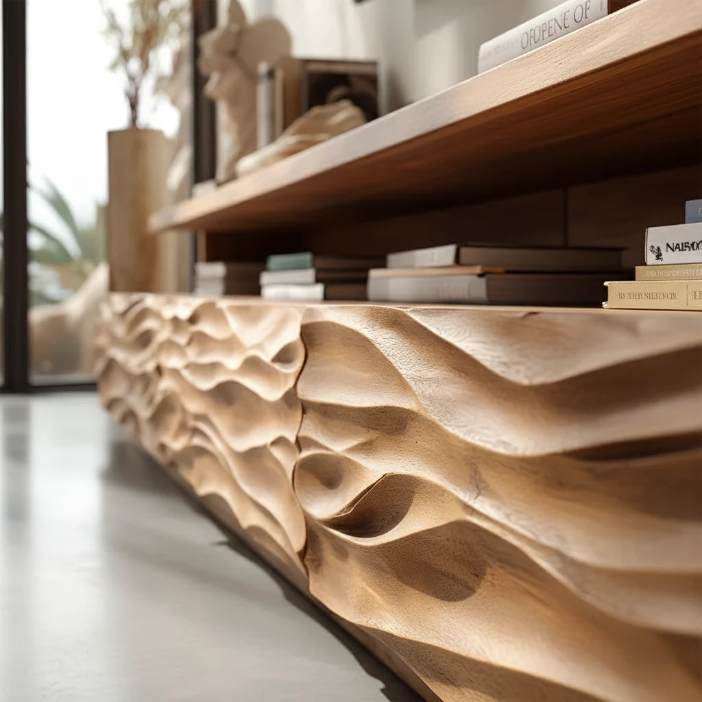Hand-Sculpted Organic Wave Wood TV Stand — Natural Sunrise Finish - Rustira