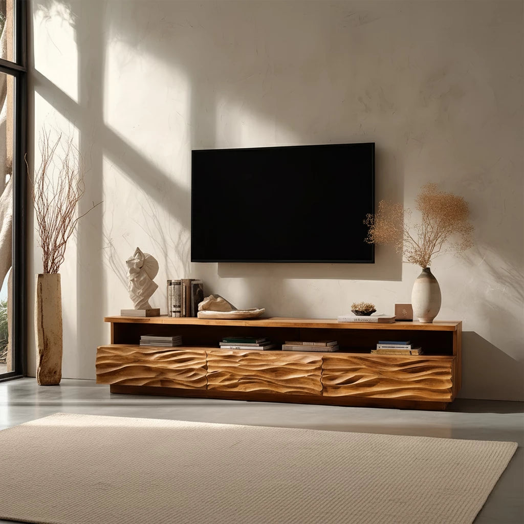 Hand-Sculpted Organic Wave Wood TV Stand — Natural Sunrise Finish - Rustira