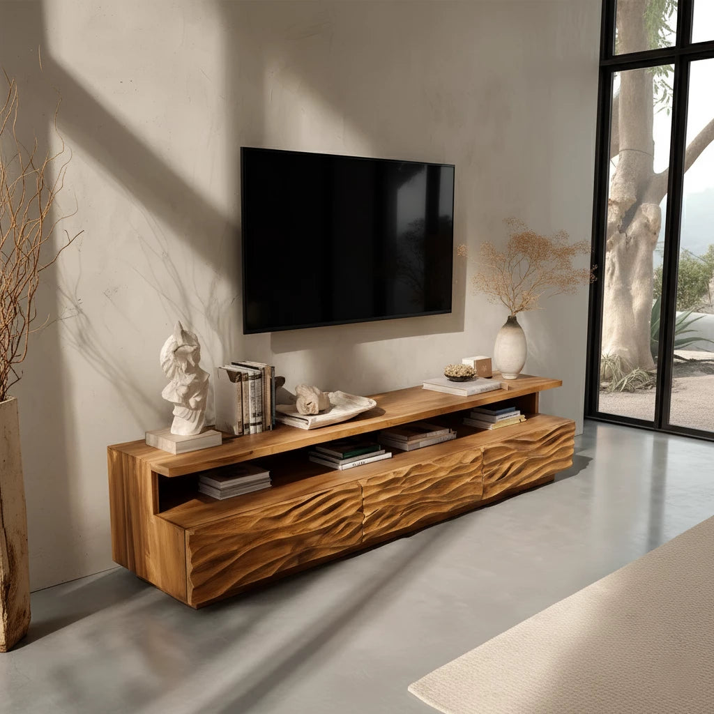 Hand-Sculpted Organic Wave Wood TV Stand — Natural Sunrise Finish - Rustira