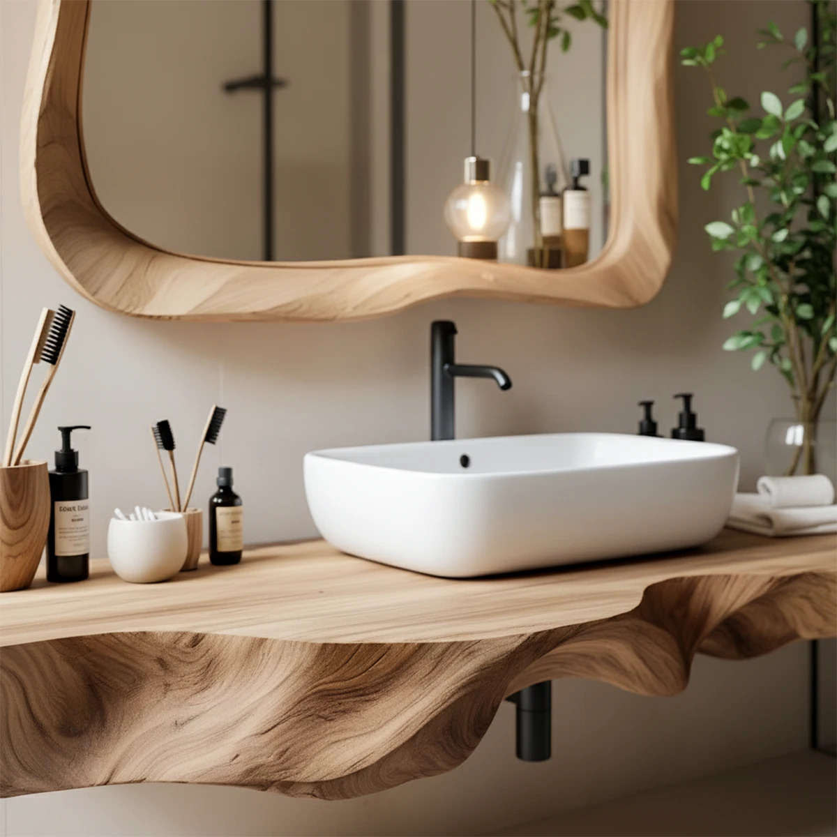 Handcrafted Live Edge Floating Bathroom Vanity Shelf With Mirror Frame - Rustira