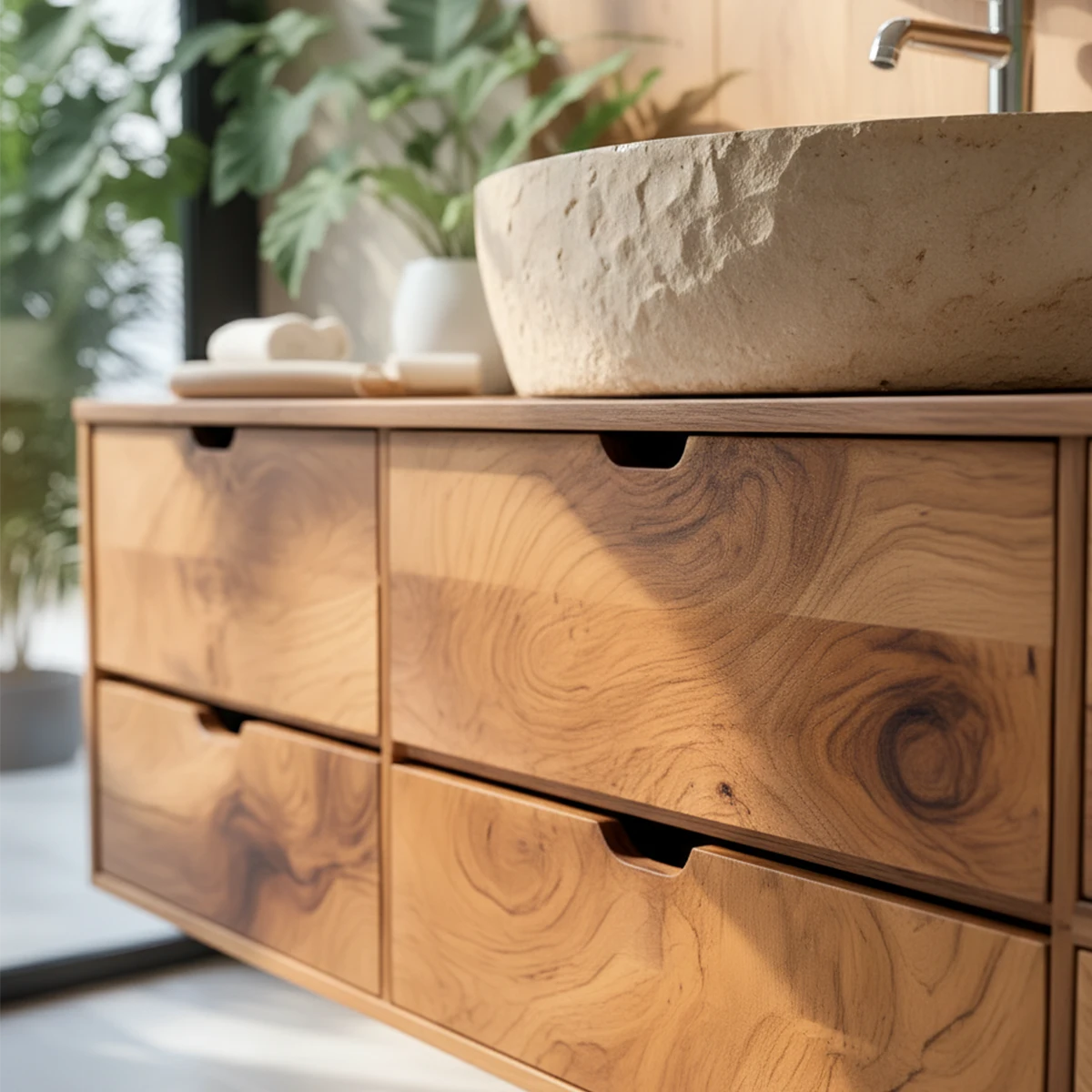 Handcrafted Solid Wood Floating Vanity with Stone Basin - Rustira