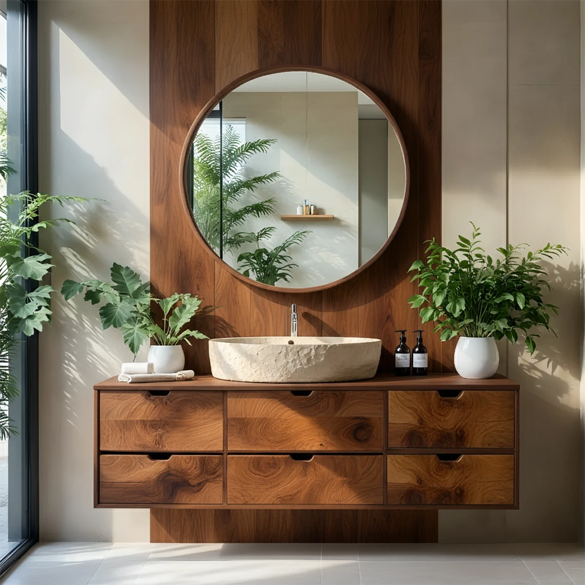 Handcrafted Solid Wood Floating Vanity with Stone Basin - Rustira