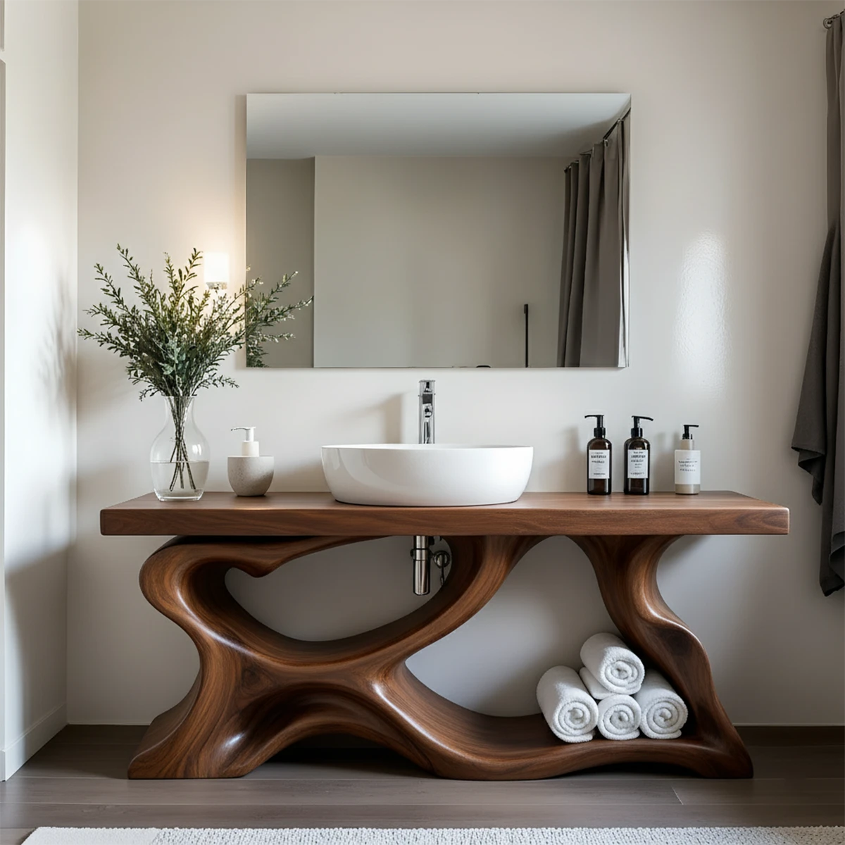 Handcrafted Solid Wood Vanity with Organic Curved Base - Rustira