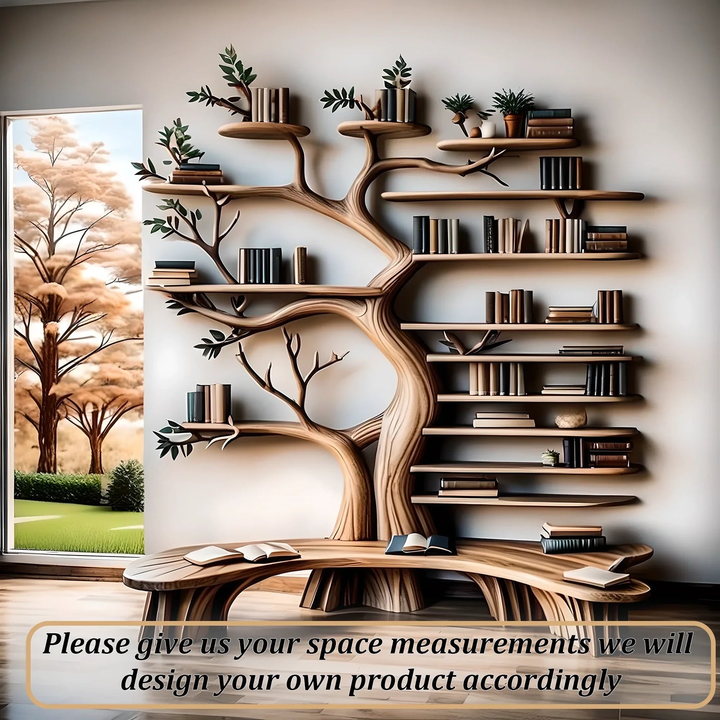 Handcrafted tree-shaped bookshelf combined with multifunctional reading stand