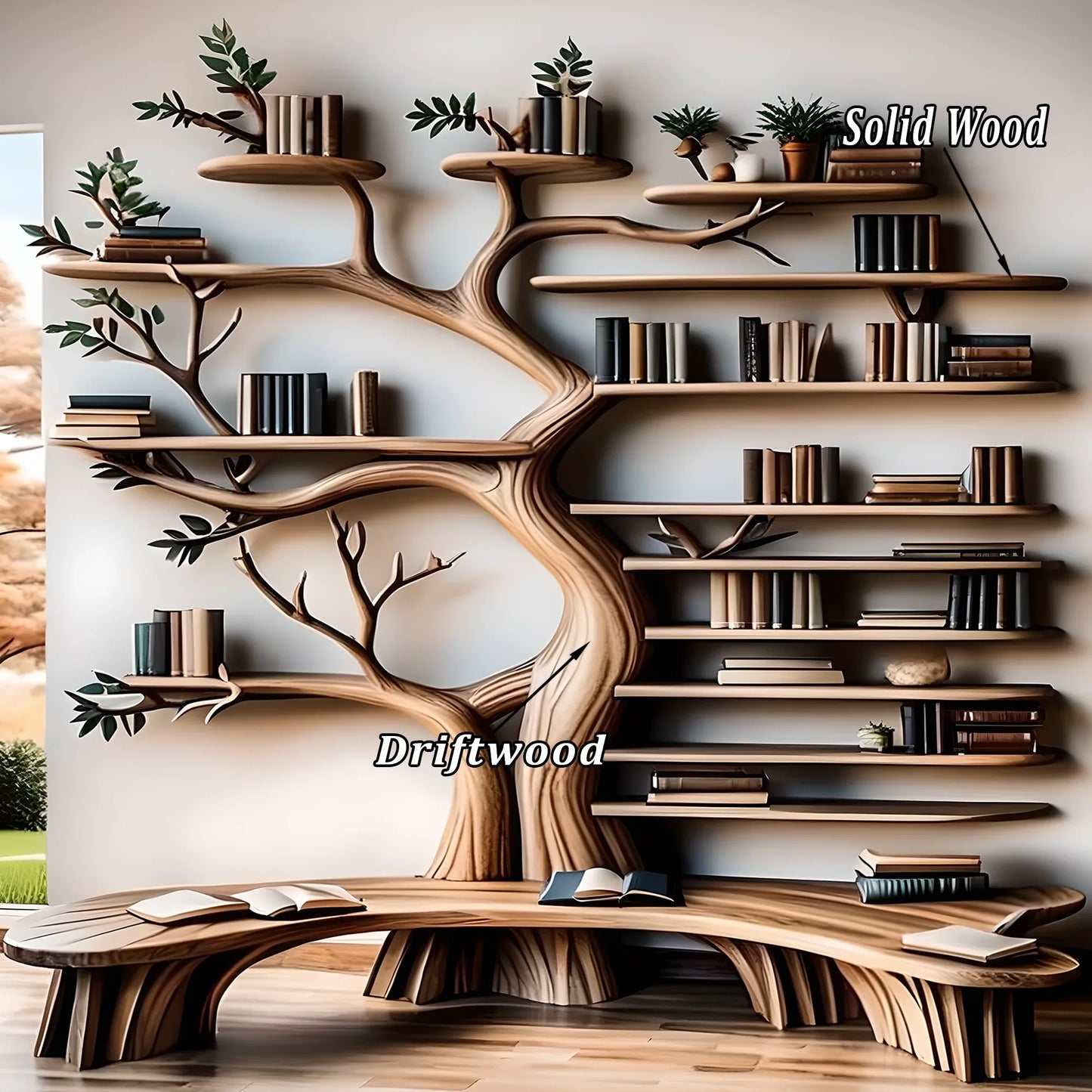 Handcrafted tree-shaped bookshelf combined with multifunctional reading stand