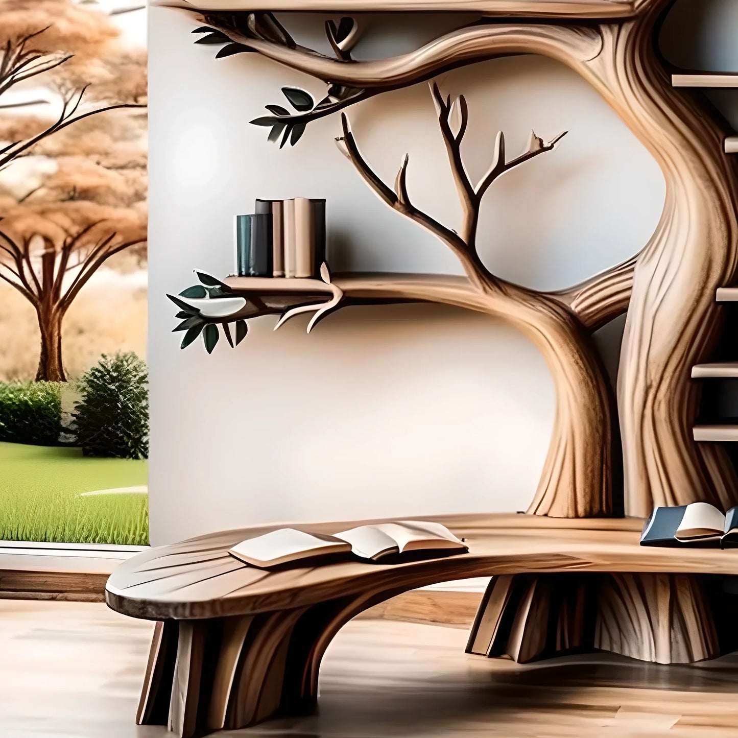Handcrafted tree-shaped bookshelf combined with multifunctional reading stand
