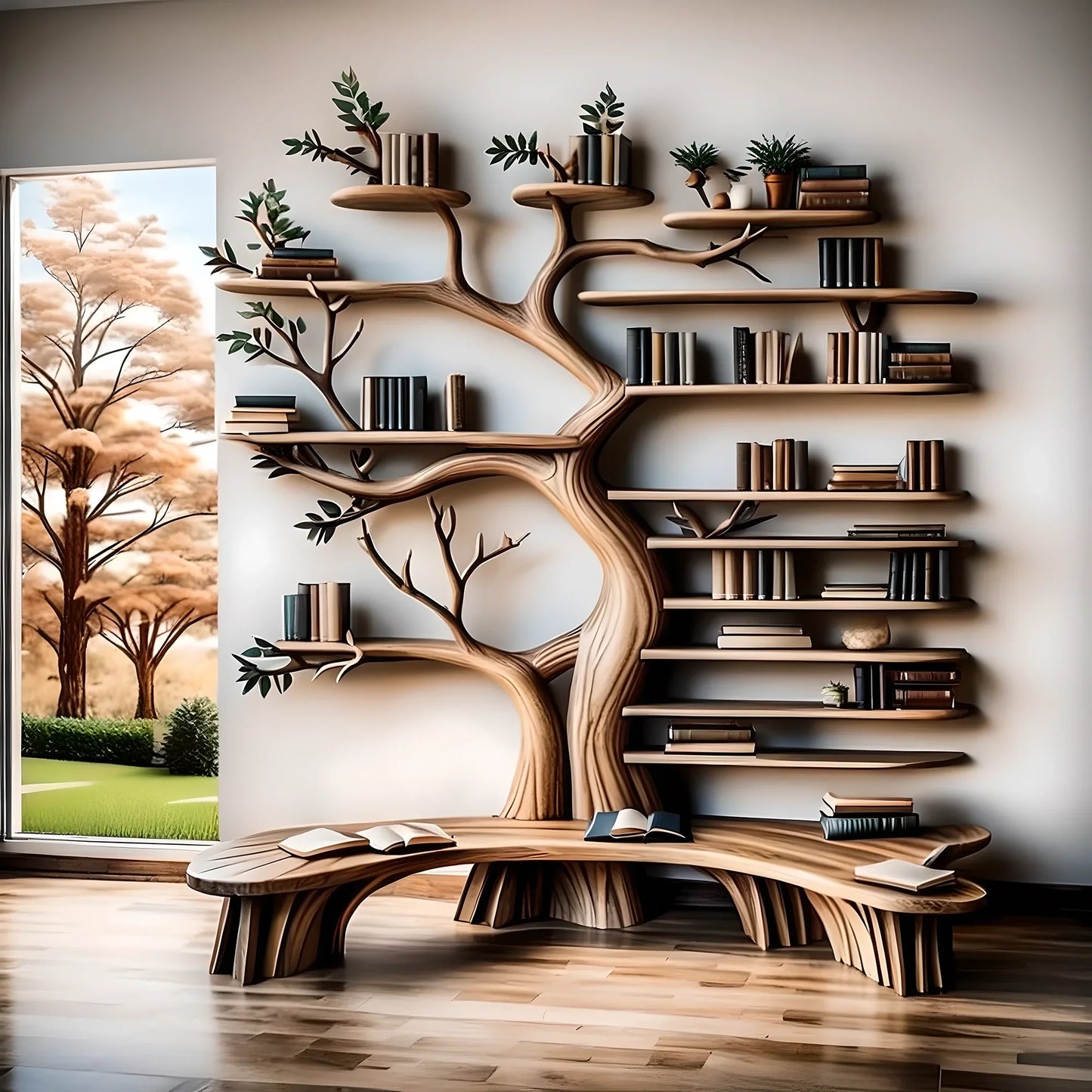 Handcrafted tree-shaped bookshelf combined with multifunctional reading stand