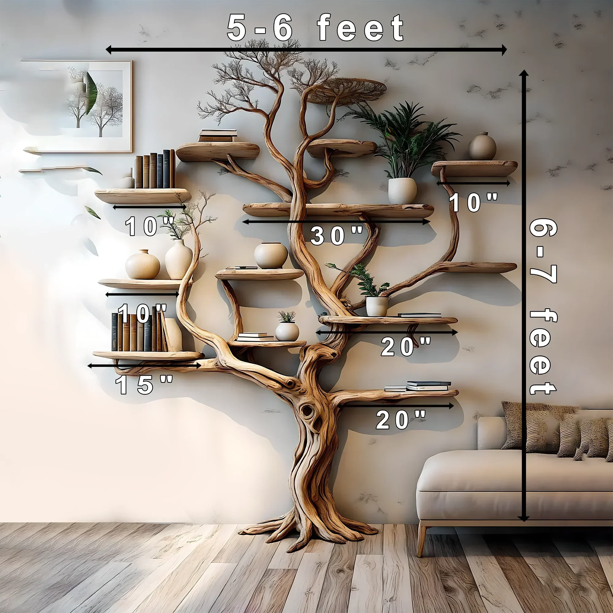 Handmade wooden tree branch bookshelf from solid natural wood, floating shelf, children's room decoration