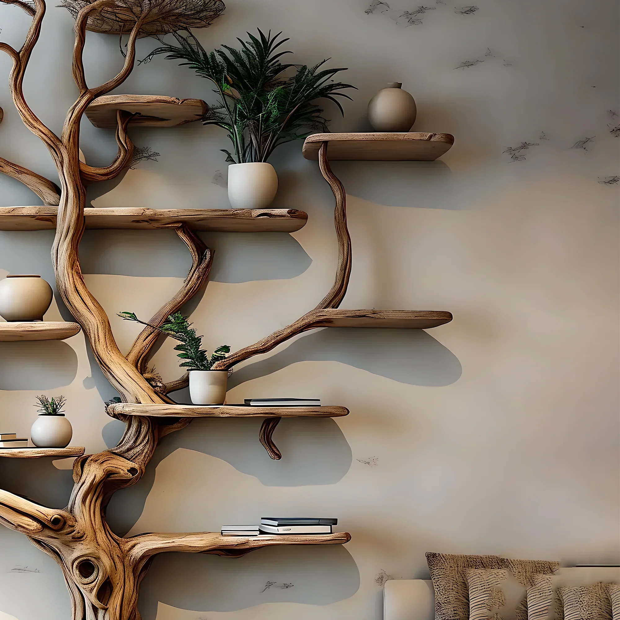 Handmade wooden tree branch bookshelf from solid natural wood, floating shelf, children's room decoration