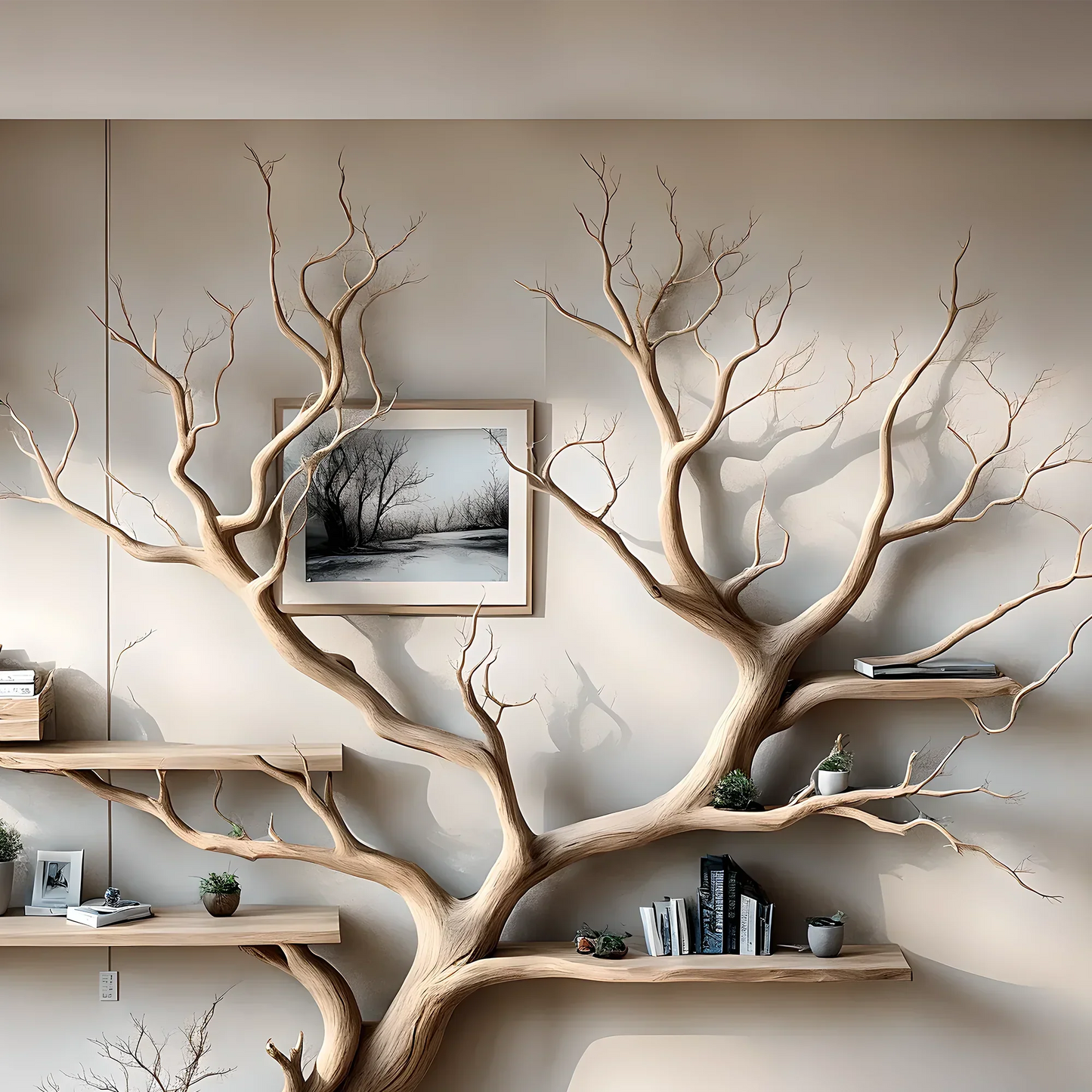 Handmade tree branch bookshelf, natural wood, preschool bookshelf, children's room bookshelf, solid wood