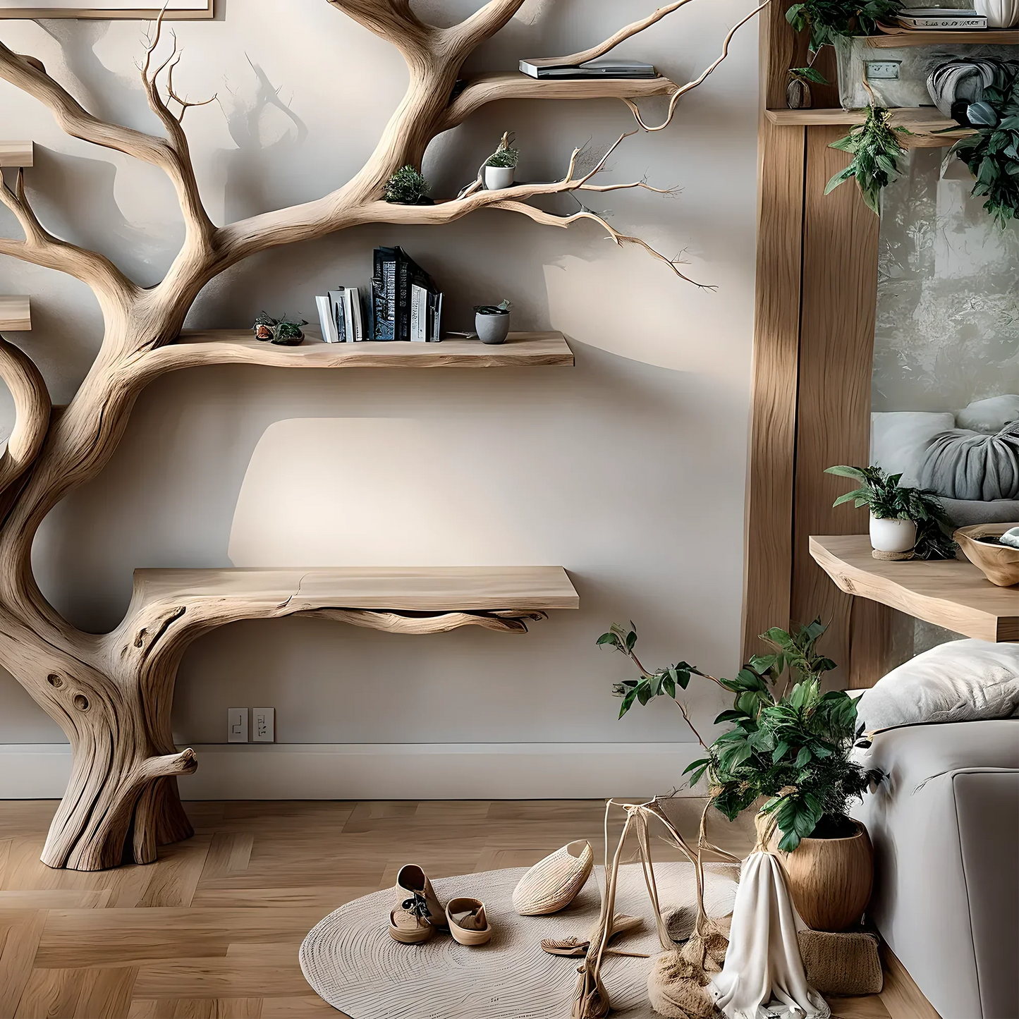 Handmade tree branch bookshelf, natural wood, preschool bookshelf, children's room bookshelf, solid wood