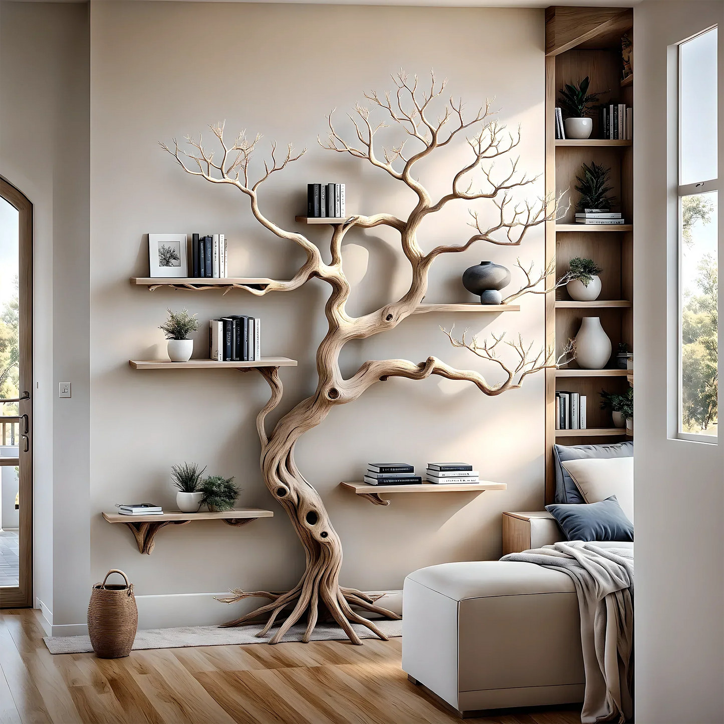 Handmade tree branch bookshelf, natural wood, preschool bookshelf, children's room bookshelf, solid wood floating shelf