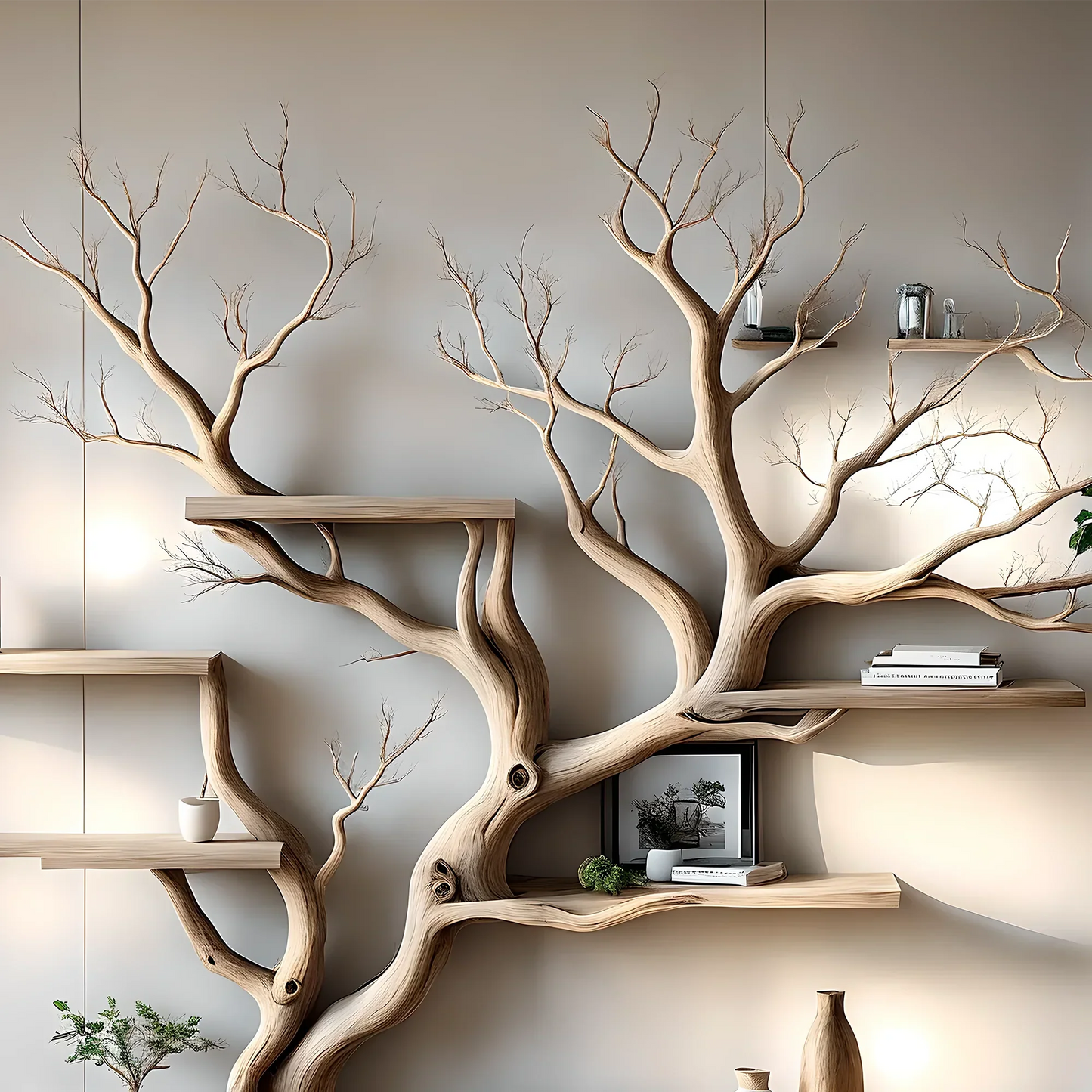 Handmade wooden bookshelf, Tree branch bookshelf, Living room decoration, Office decoration, Natural wood, Floating shelf