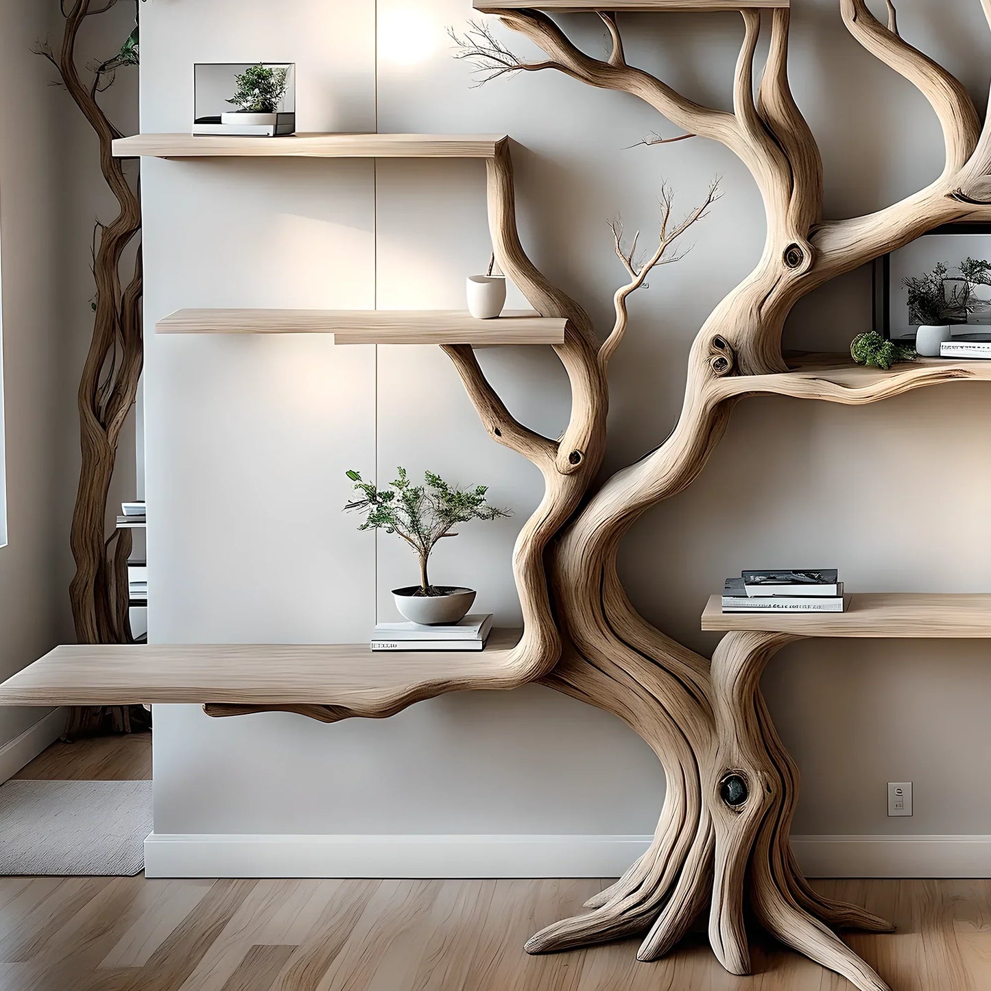 Handmade wooden bookshelf, Tree branch bookshelf, Living room decoration, Office decoration, Natural wood, Floating shelf