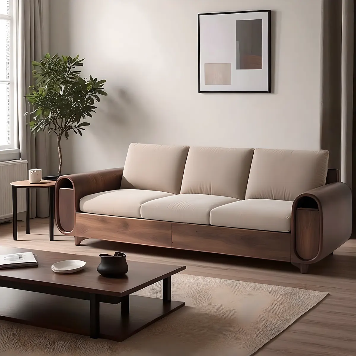 High-class Ash Wood Sofa - Modern Rounded Design, Soft Foam Cushion
