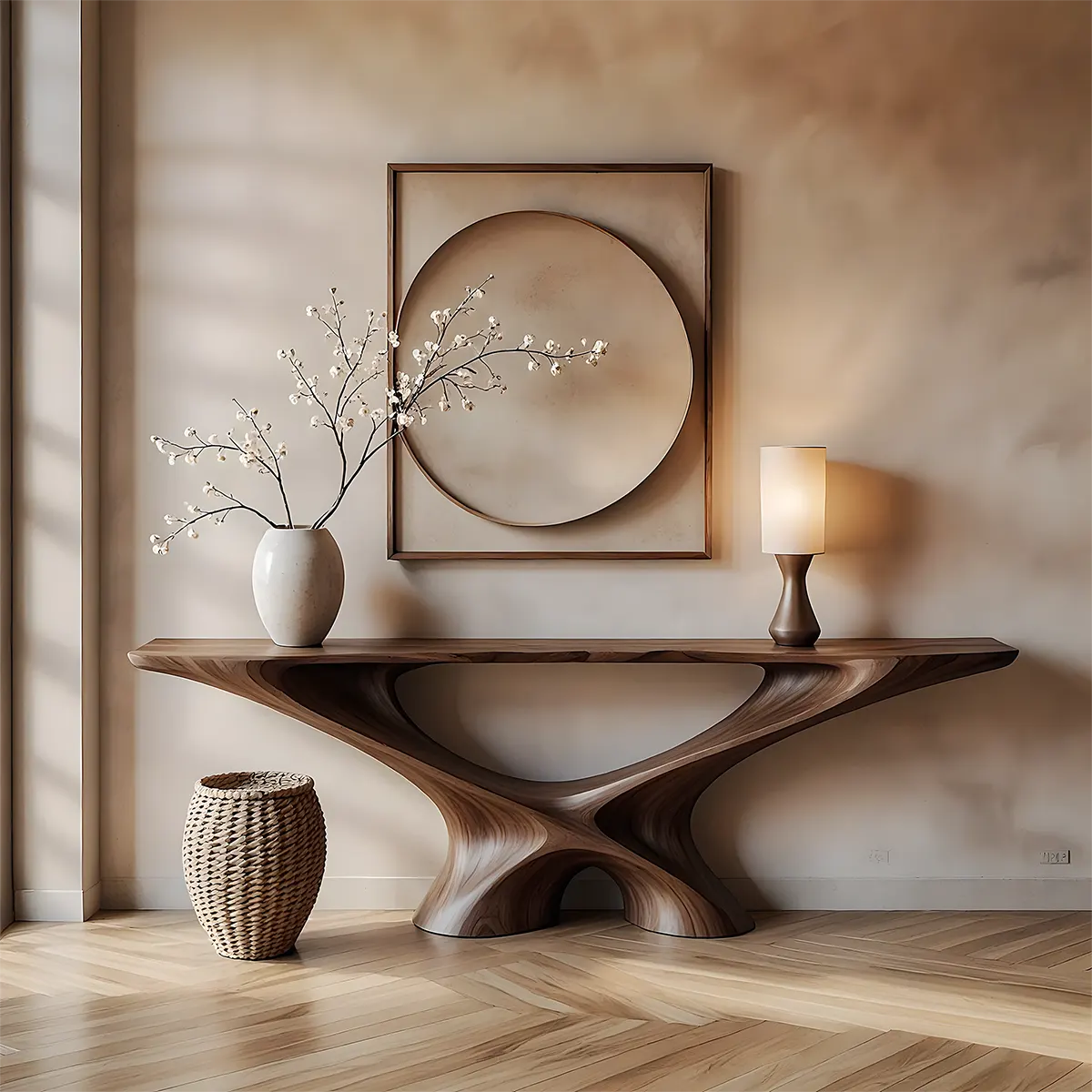 Infinity Loop Walnut Console Table – Sculptural Wood Design - Rustira