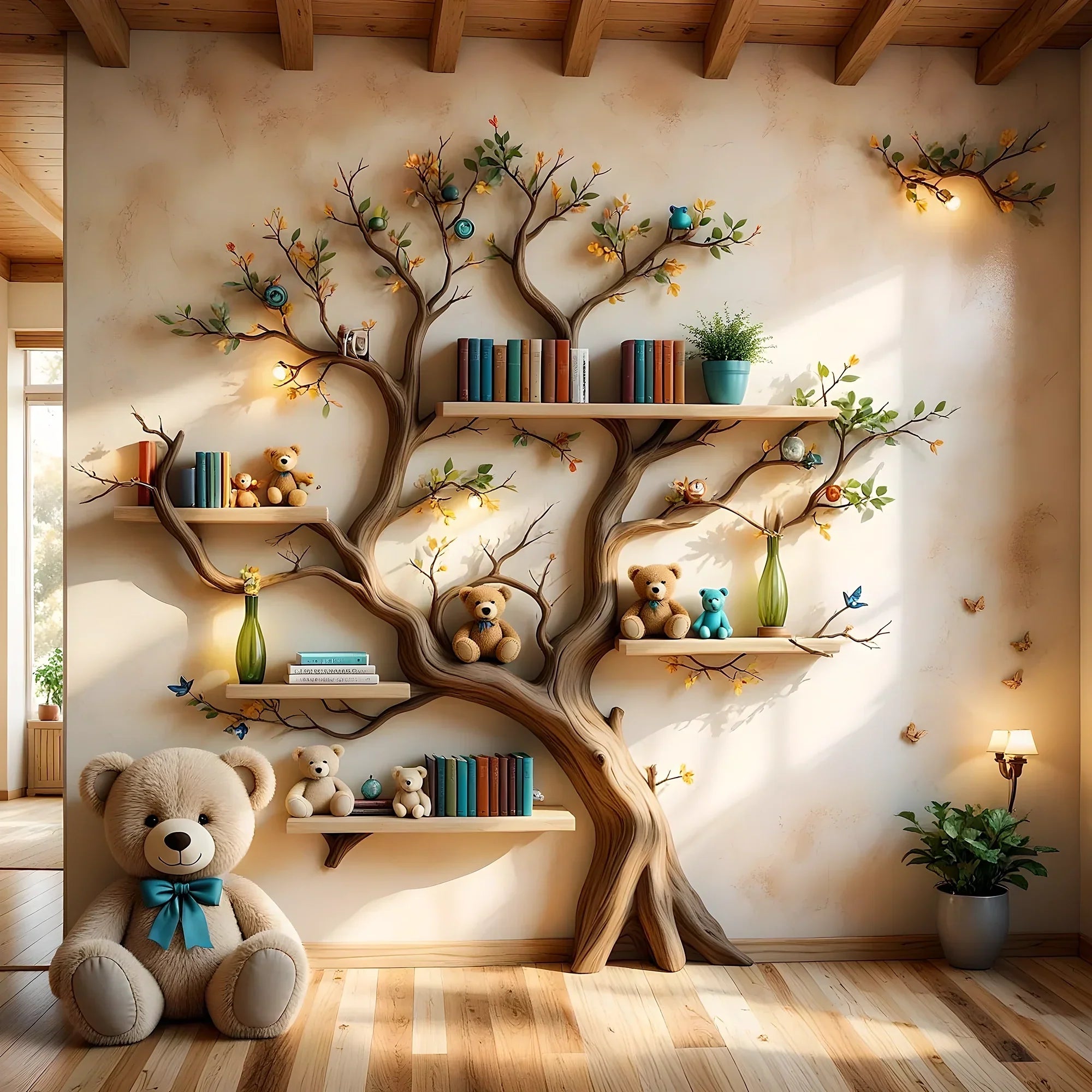Wall-mounted bookshelf for children - Creative furniture made of natural wood