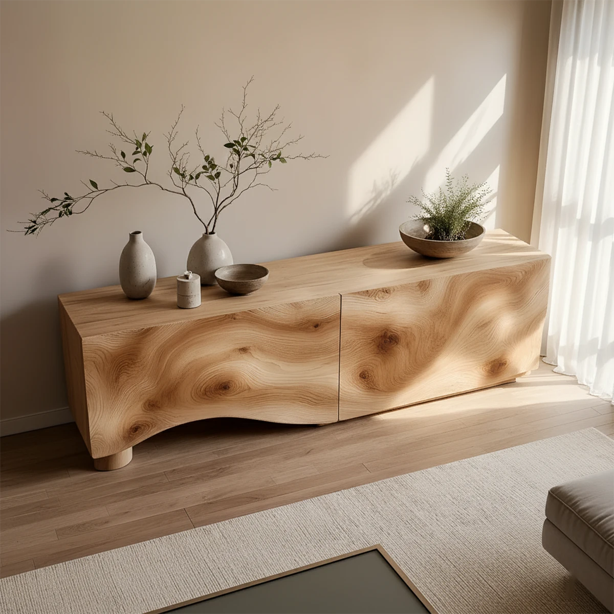 Light Burl Wave Solid Wood TV Console – Minimal Organic Design - Rustira