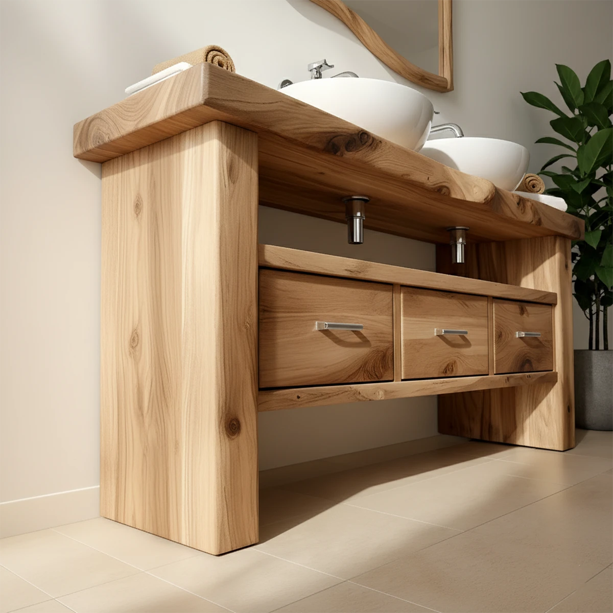 Live Edge Double Sink Solid Wood Vanity – Japandi Rustic Design - Rustira
