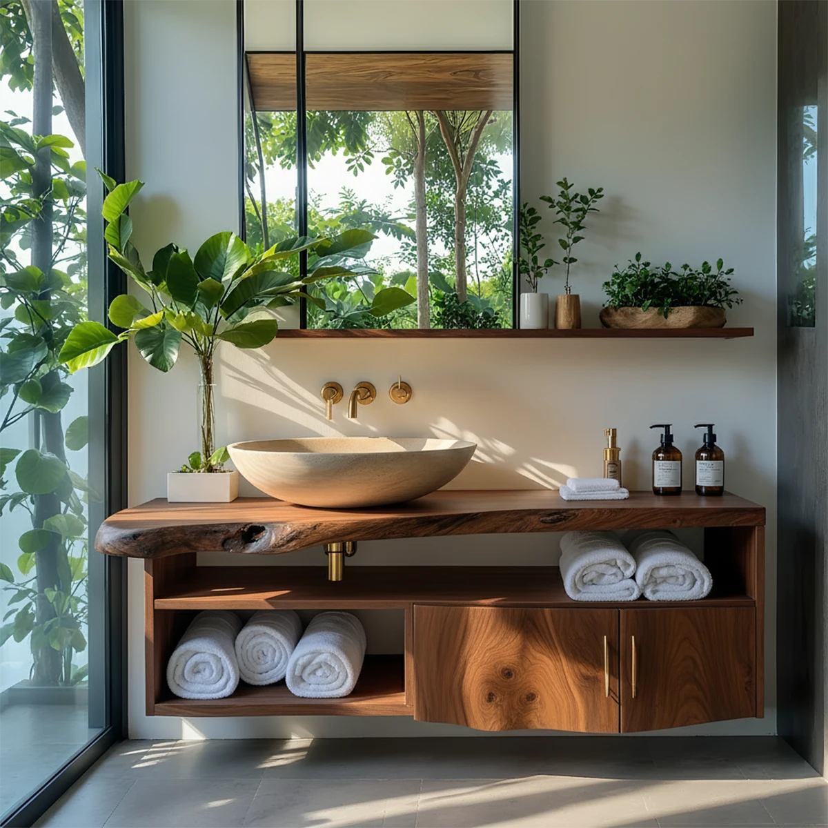 Live Edge Floating Wood Vanity – Asymmetrical Japandi Spa Sink Console - Rustira