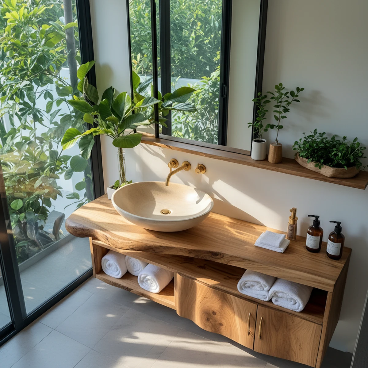 Live Edge Floating Wood Vanity – Asymmetrical Japandi Spa Sink Console - Rustira