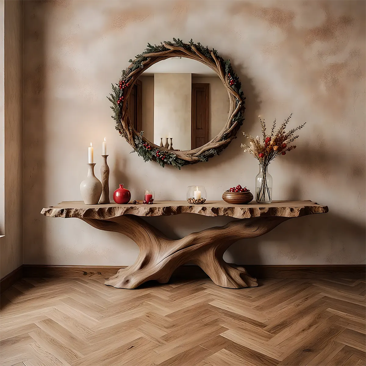 Live Edge Oak Console Table – Root Twist Sculptural Base - Rustira