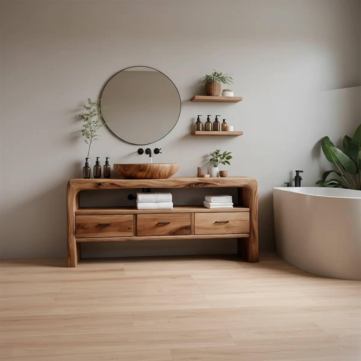 Live Edge Organic Solid Wood Bathroom Vanity With Drawers & Open Shelf - Rustira