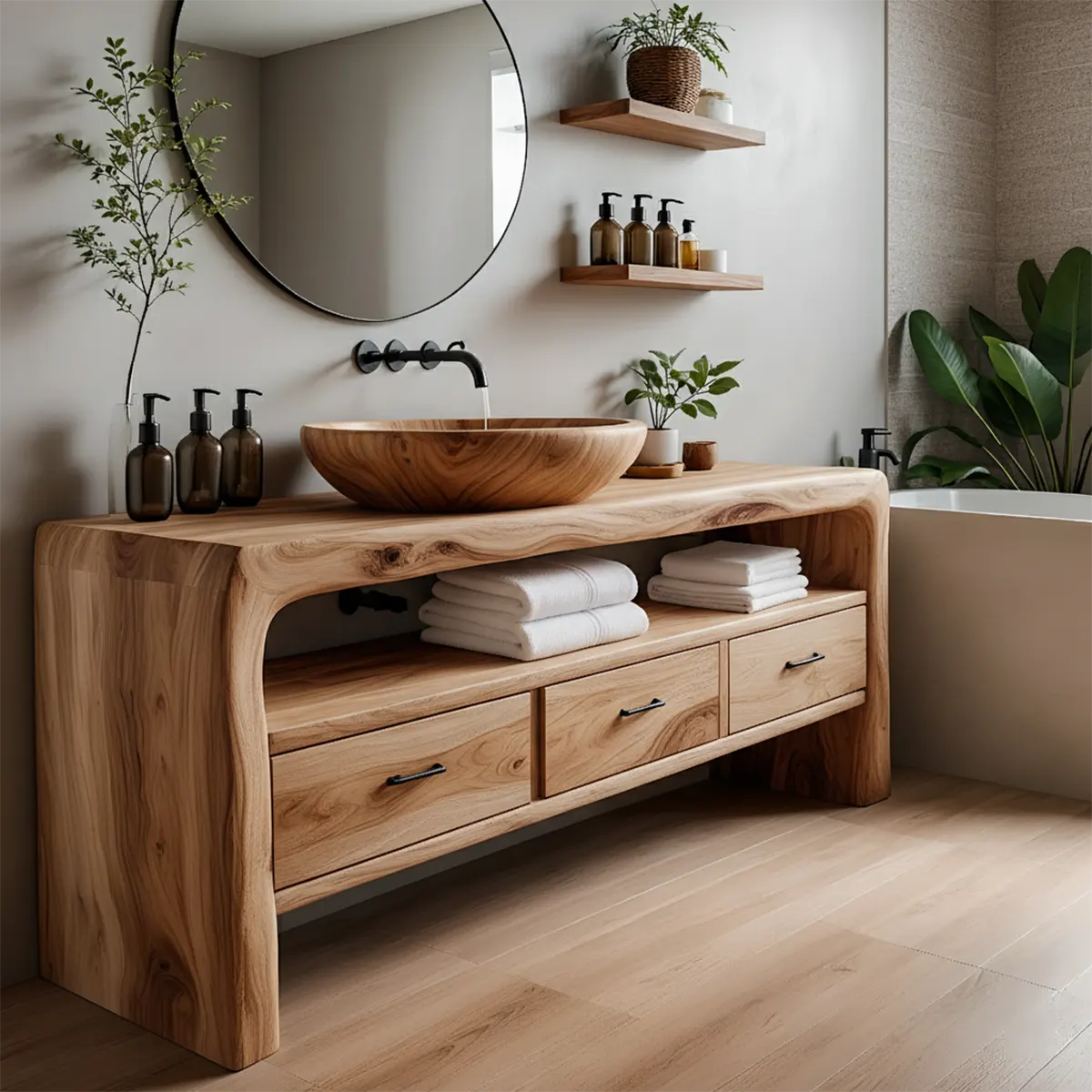 Live Edge Organic Solid Wood Bathroom Vanity With Drawers & Open Shelf - Rustira