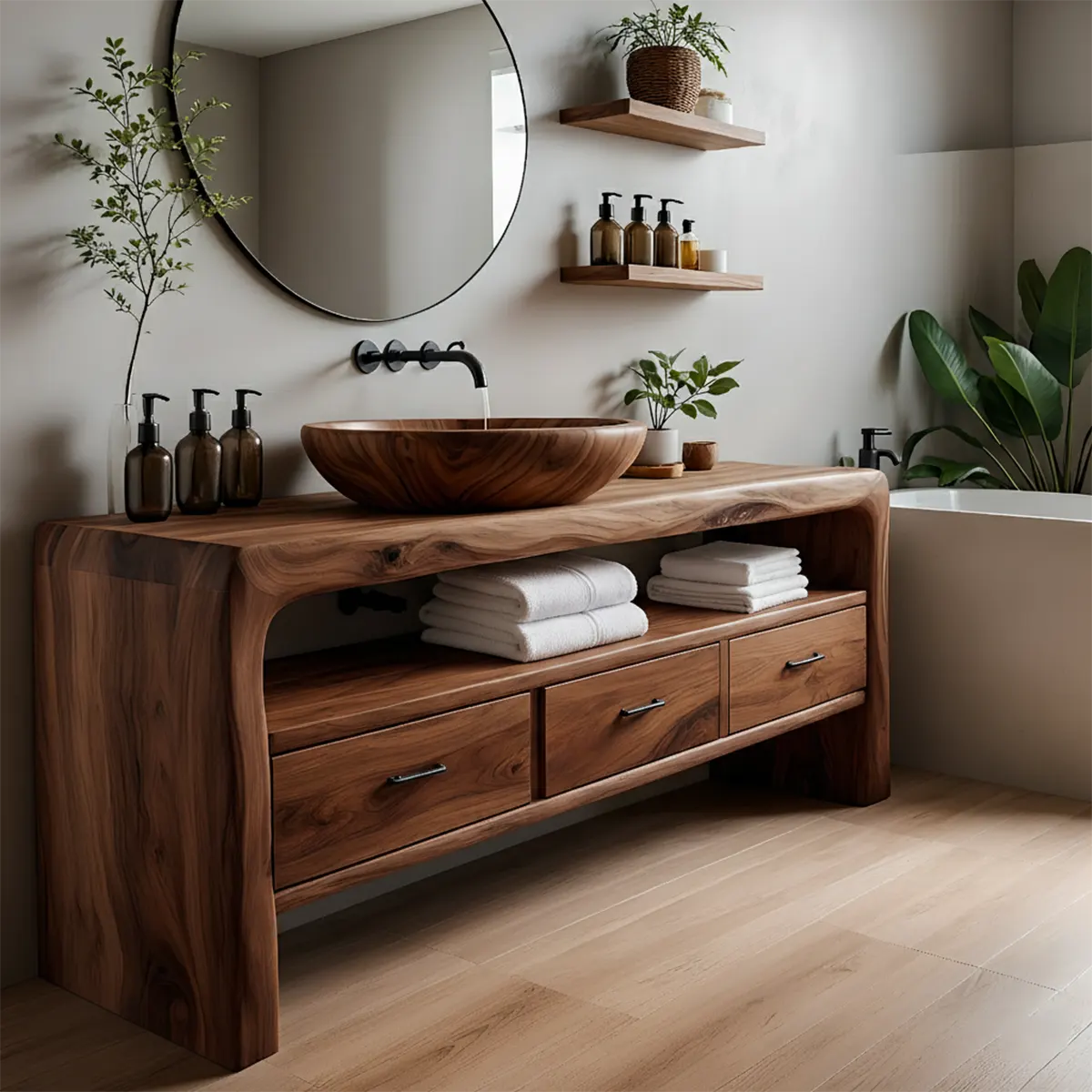 Live Edge Organic Solid Wood Bathroom Vanity With Drawers & Open Shelf - Rustira