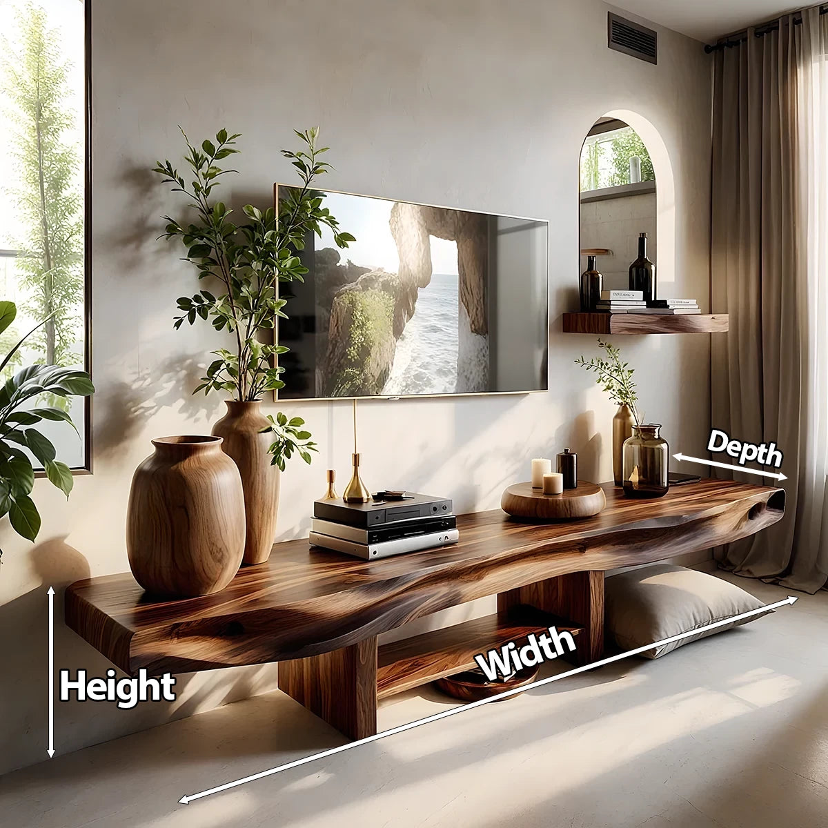 Live Edge Sculptural Wood Media Console - Organic Modern TV Stand - Rustira