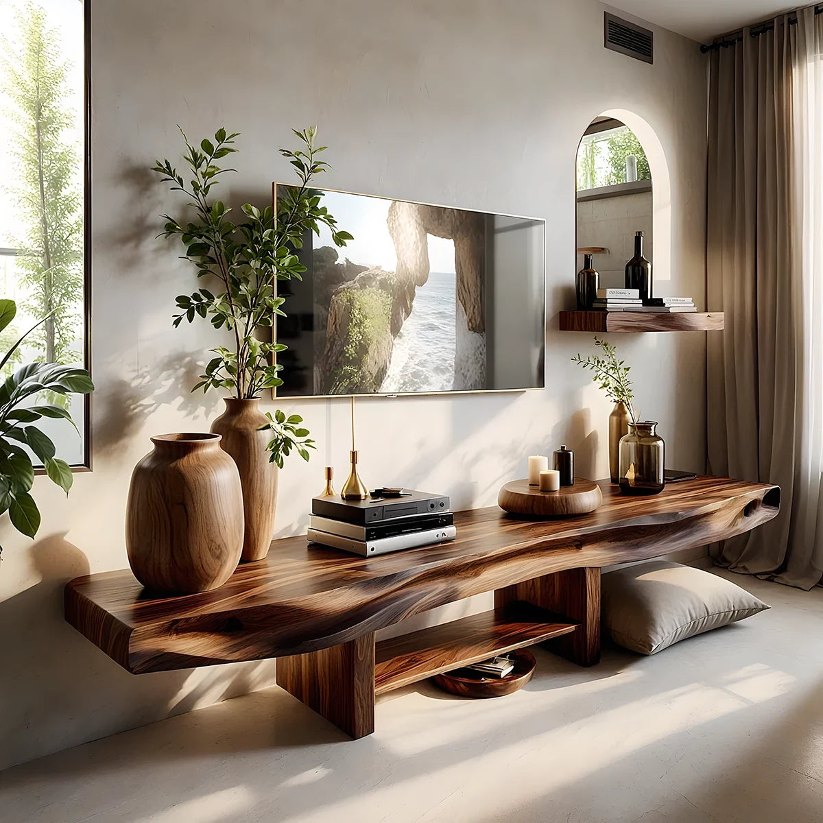 Live Edge Sculptural Wood Media Console - Organic Modern TV Stand - Rustira