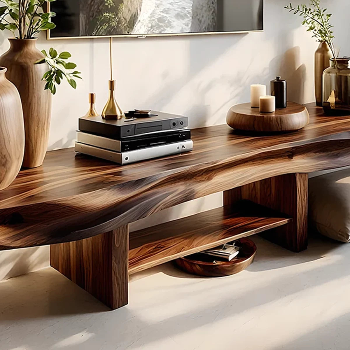 Live Edge Sculptural Wood Media Console - Organic Modern TV Stand - Rustira