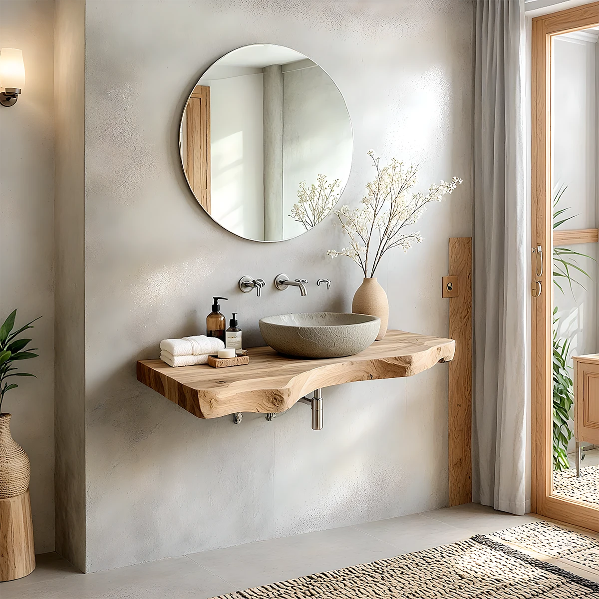 Live Edge Solid Wood Bathroom Vanity – Japandi Floating Sink Shelf - Rustira