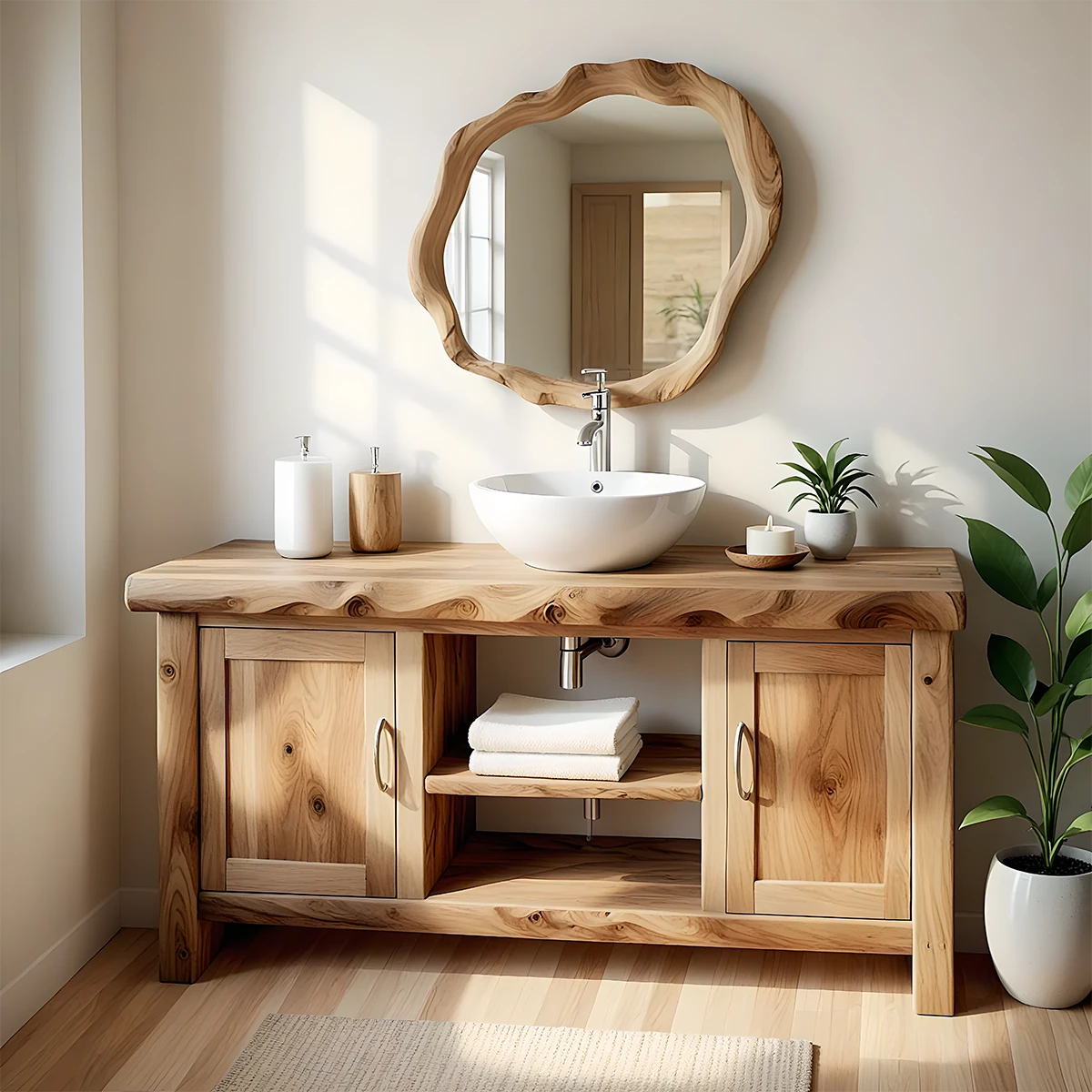 Live Edge Solid Wood Bathroom Vanity – Japandi Organic Minimalist - Rustira