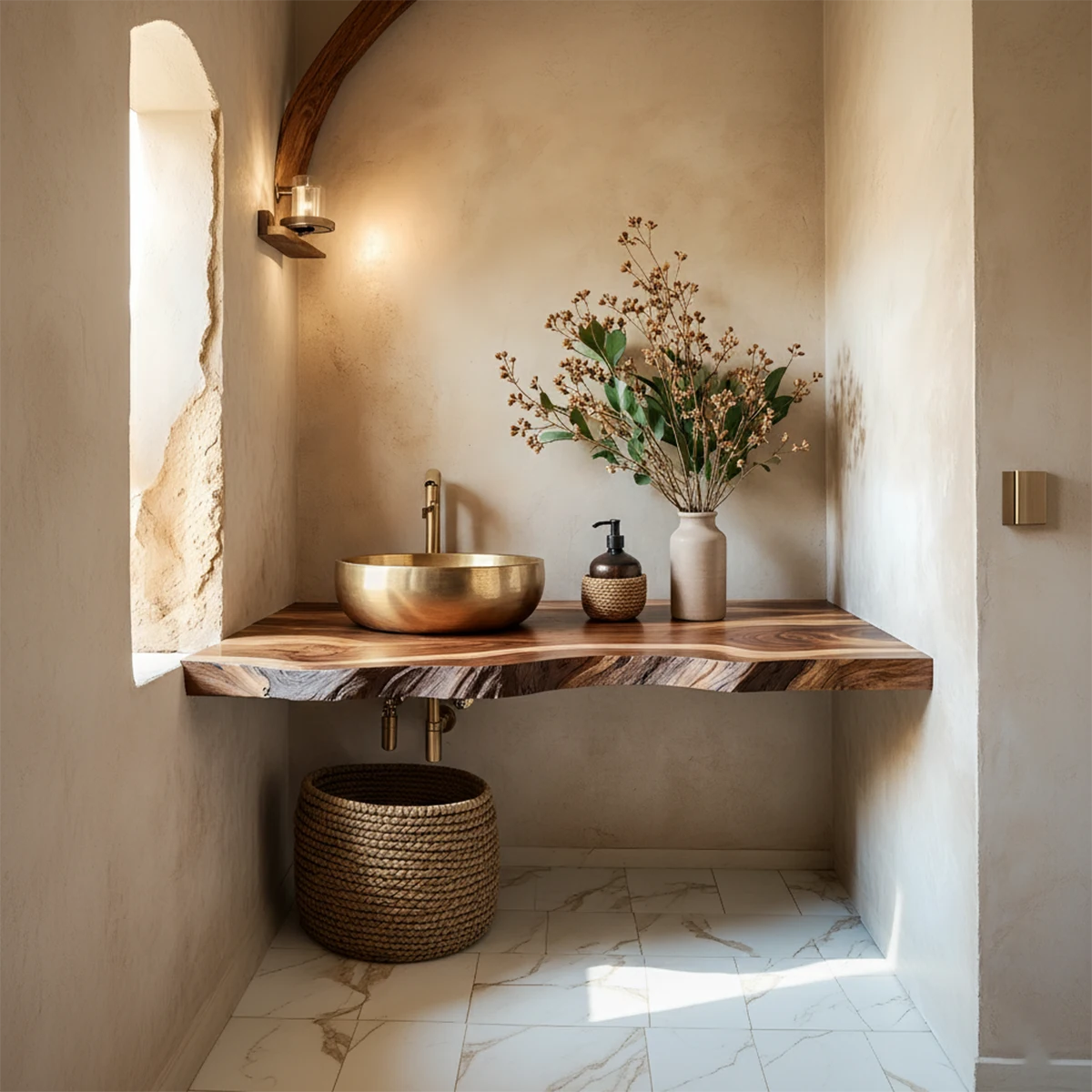 Live Edge Solid Wood Bathroom Vanity Shelf – Custom Floating Slab - Rustira