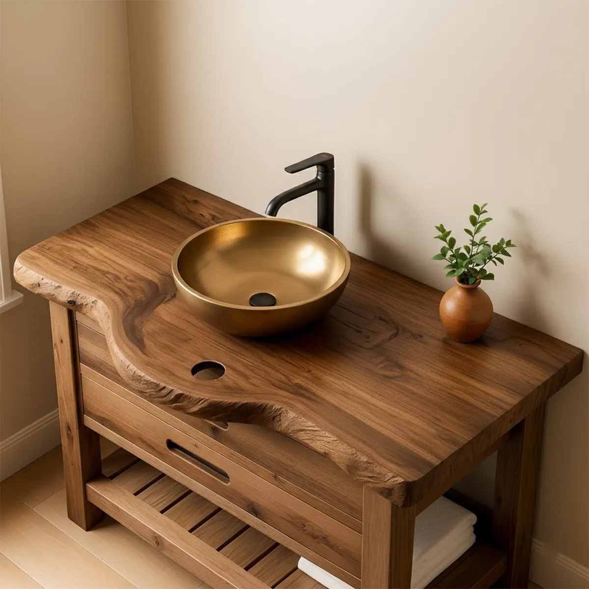 Live Edge Solid Wood Bathroom Vanity With Drawers & Open Shelf - Rustira
