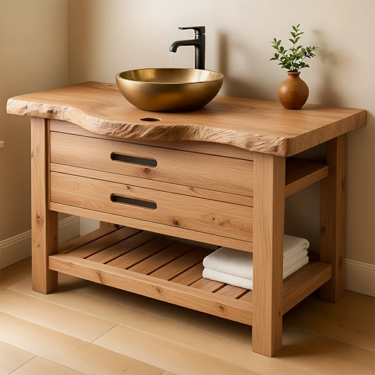 Live Edge Solid Wood Bathroom Vanity With Drawers & Open Shelf - Rustira