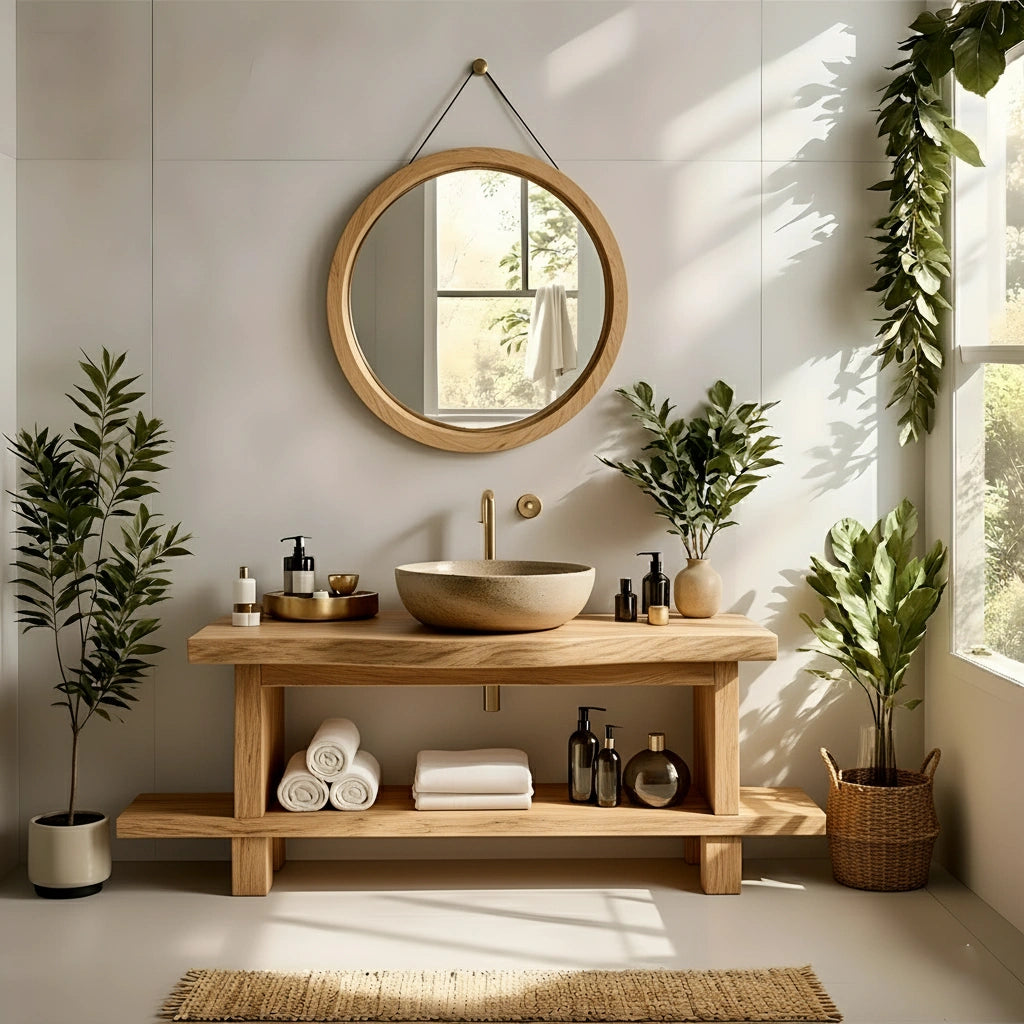 Live Edge Solid Wood Bathroom Vanity with Open Shelf – Handmade - Rustira