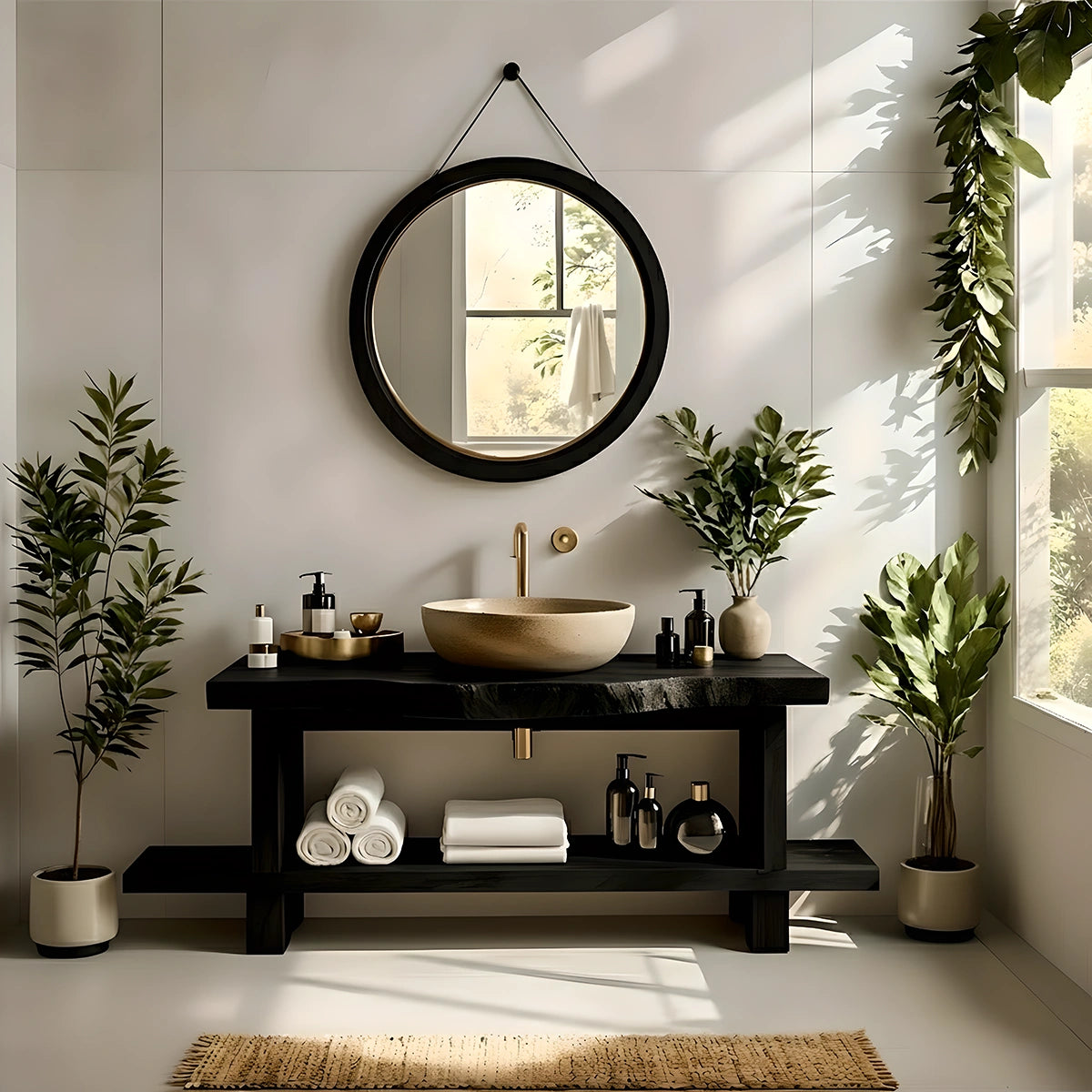 Live Edge Solid Wood Bathroom Vanity with Open Shelf – Handmade - Rustira