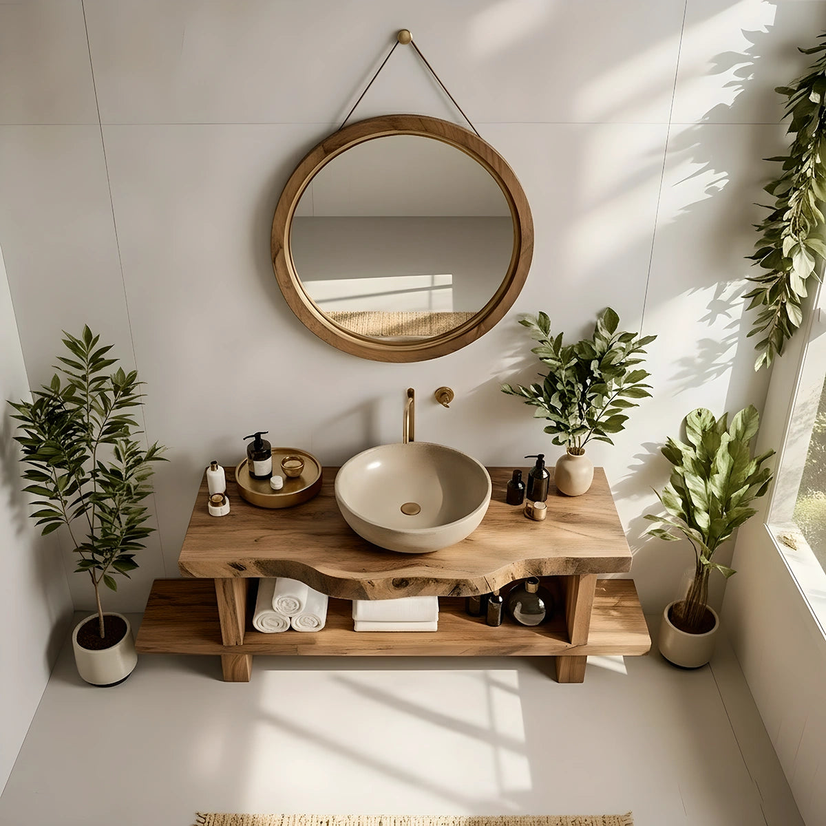 Live Edge Solid Wood Bathroom Vanity with Open Shelf – Handmade - Rustira