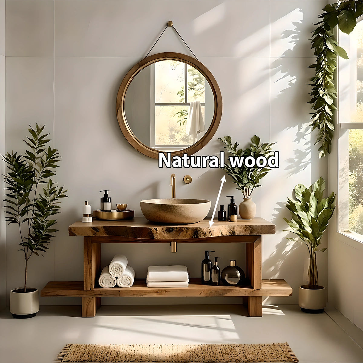 Live Edge Solid Wood Bathroom Vanity with Open Shelf – Handmade - Rustira