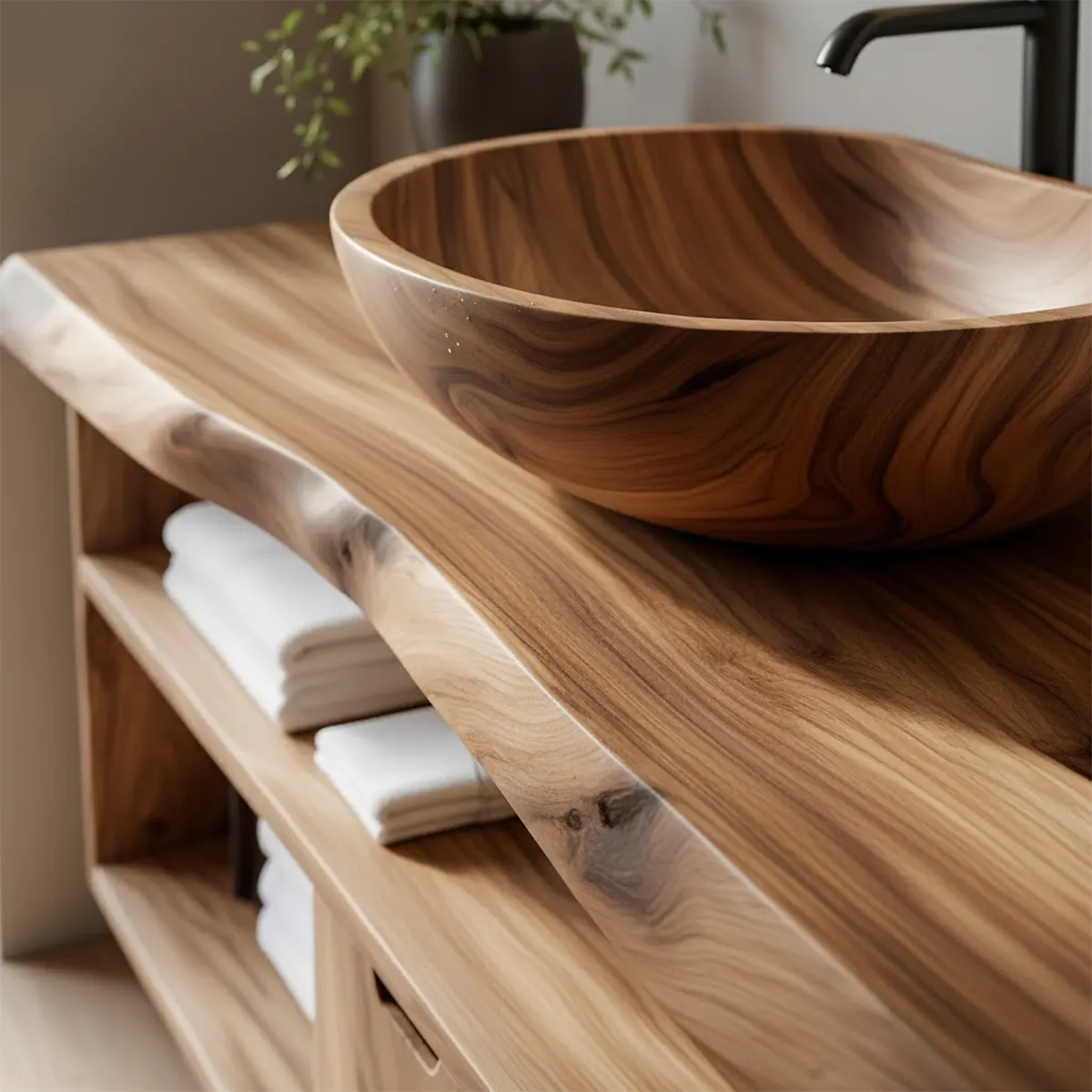 Live Edge Solid Wood Bathroom Vanity with Open Shelves & Drawers - Rustira