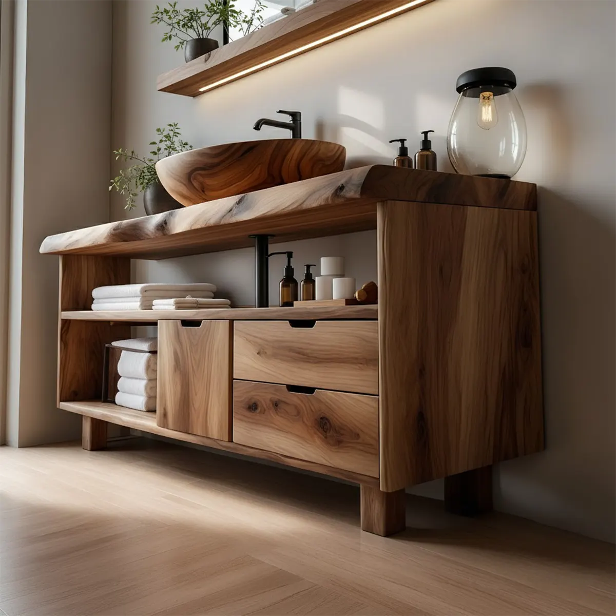 Live Edge Solid Wood Bathroom Vanity with Open Shelves & Drawers - Rustira